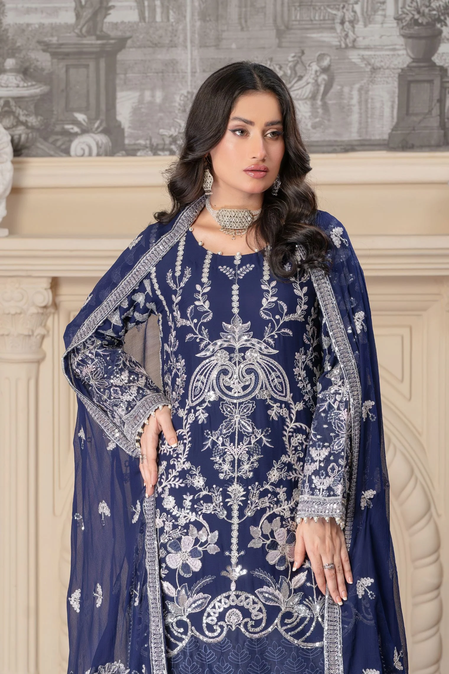 Motif Chiffon Embroidered Suit-377 - Image 4