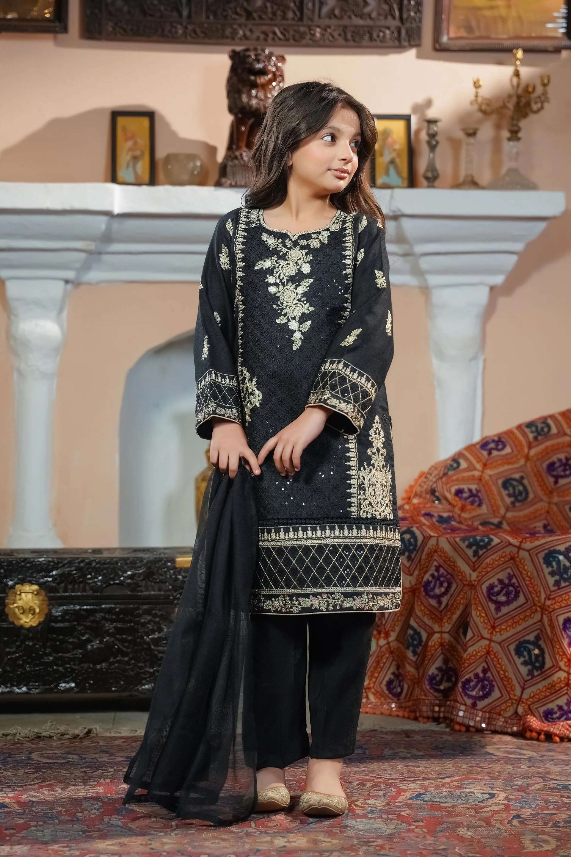 Motif Kids Cotton Net Embroidered Suit-054 - Image 3