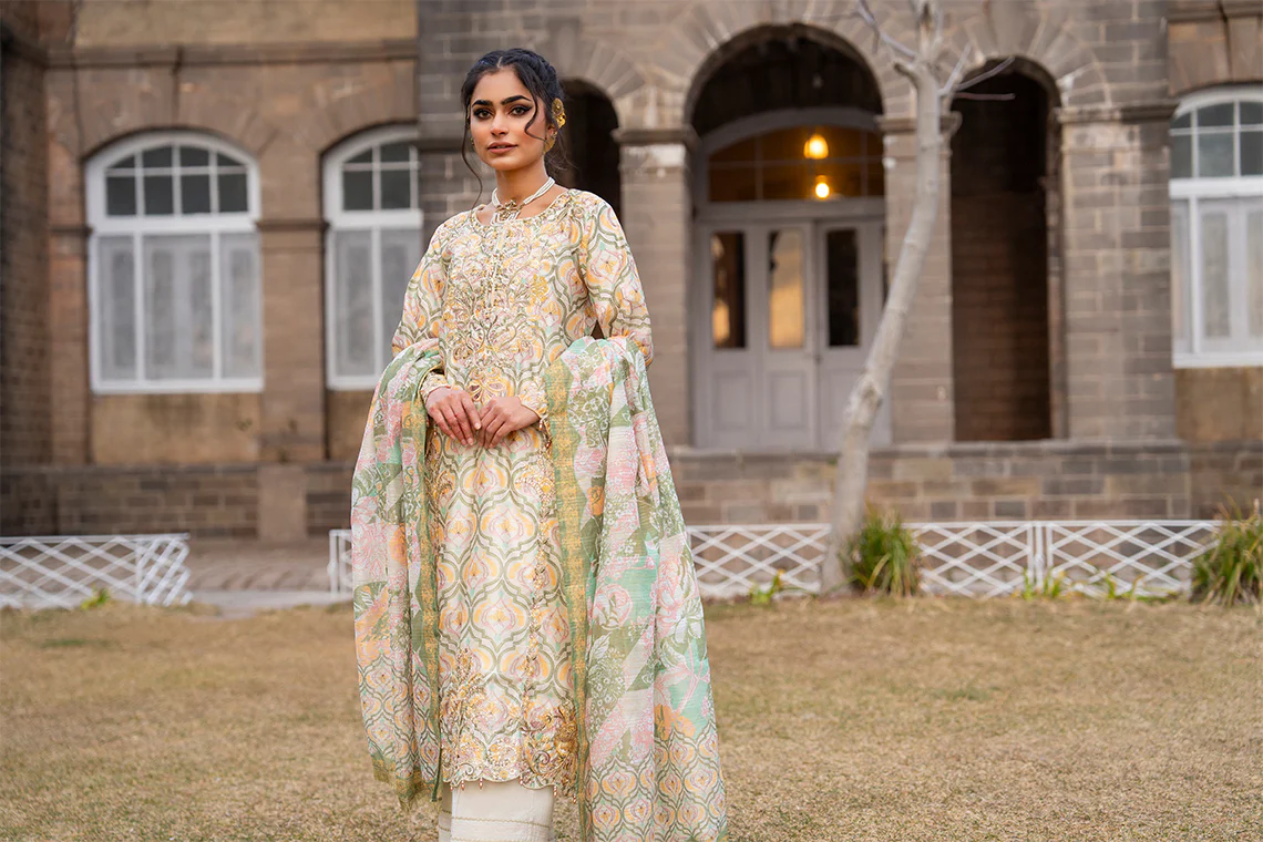 Motif Cotton Silk Embroidered Suit - Image 3